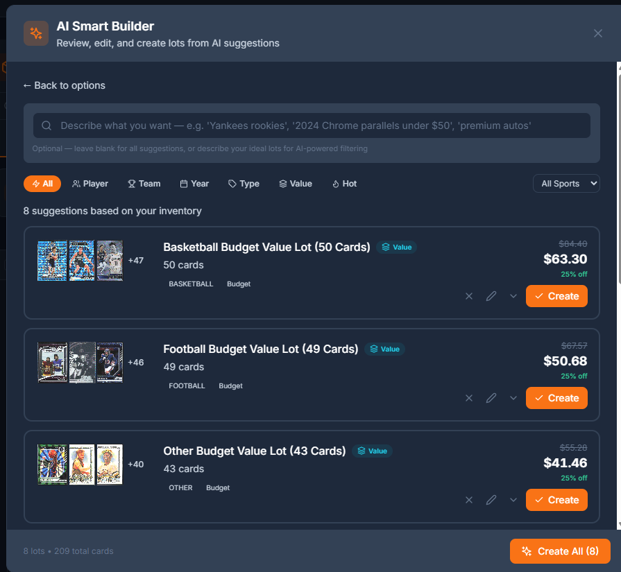 AI Lot Builder — automatic card grouping