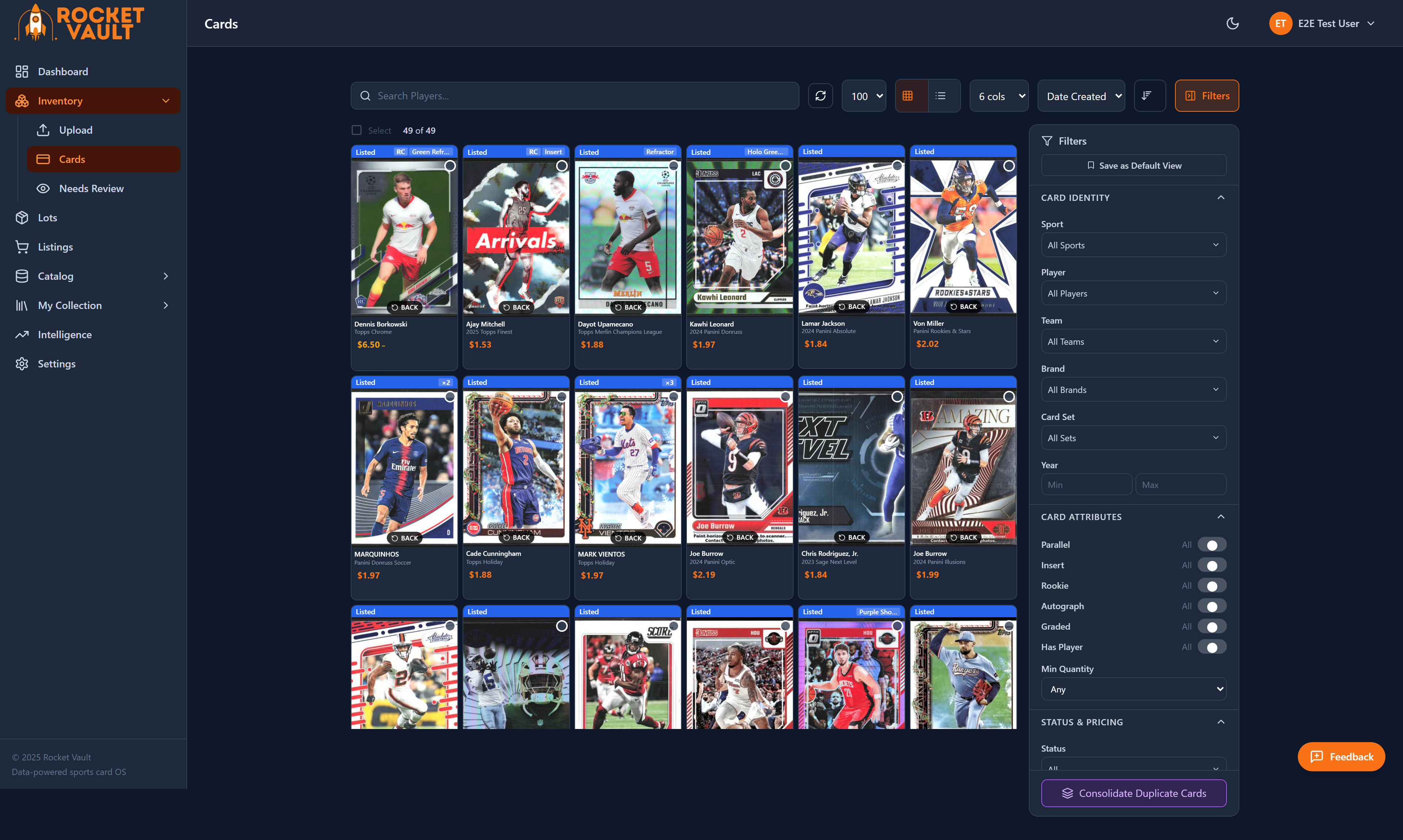 Full card inventory page with grid view showing all cards
