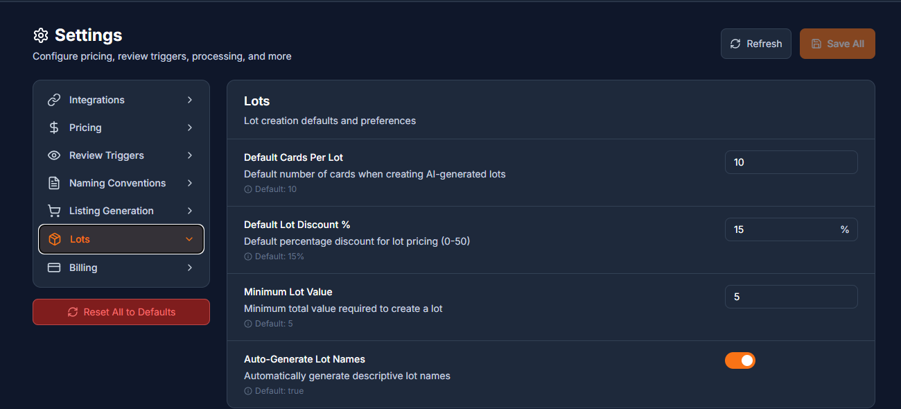 Customize lot and threshold settings