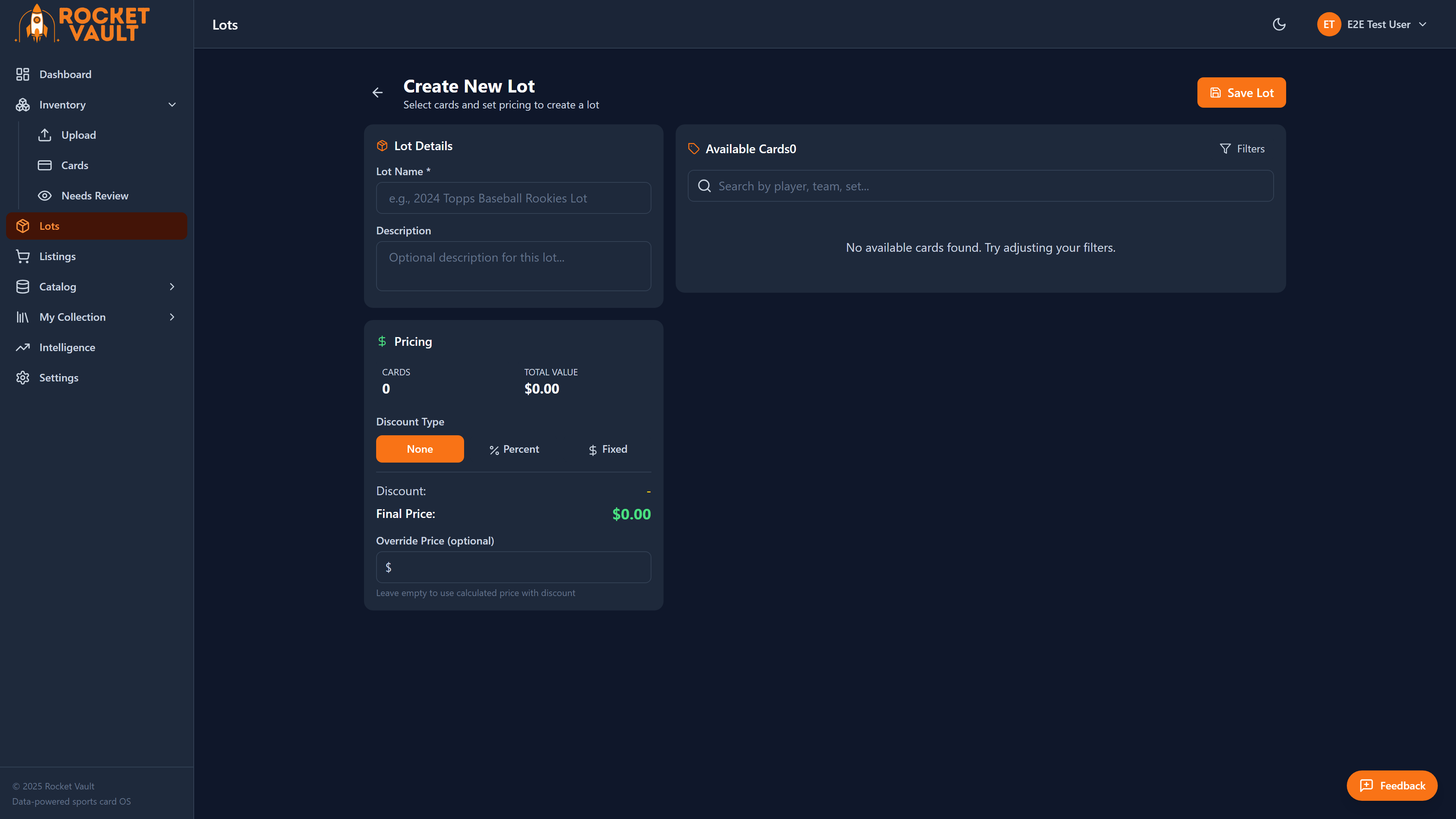 Lot builder interface showing card selection and lot configuration