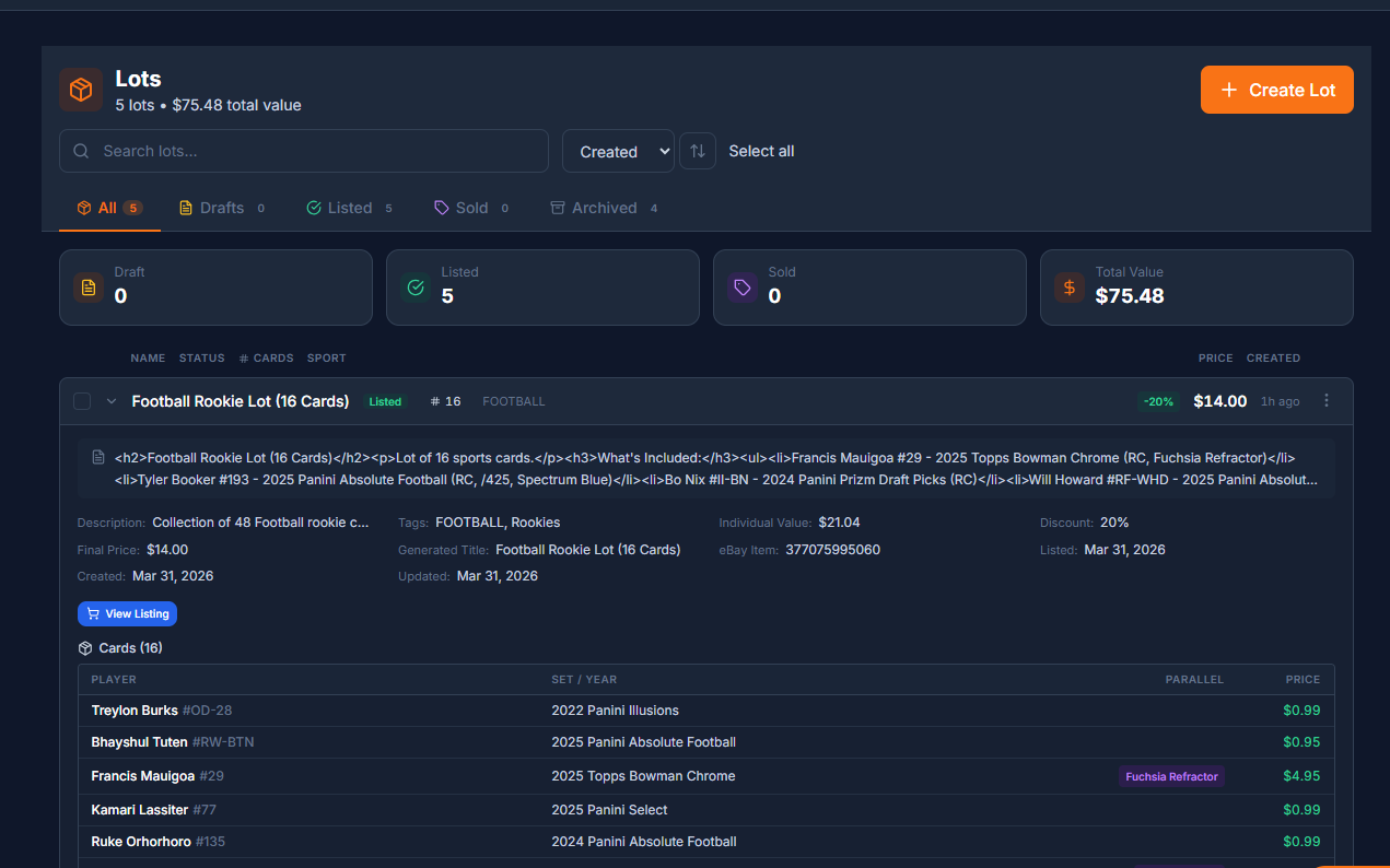 Lot detail with pricing and cards