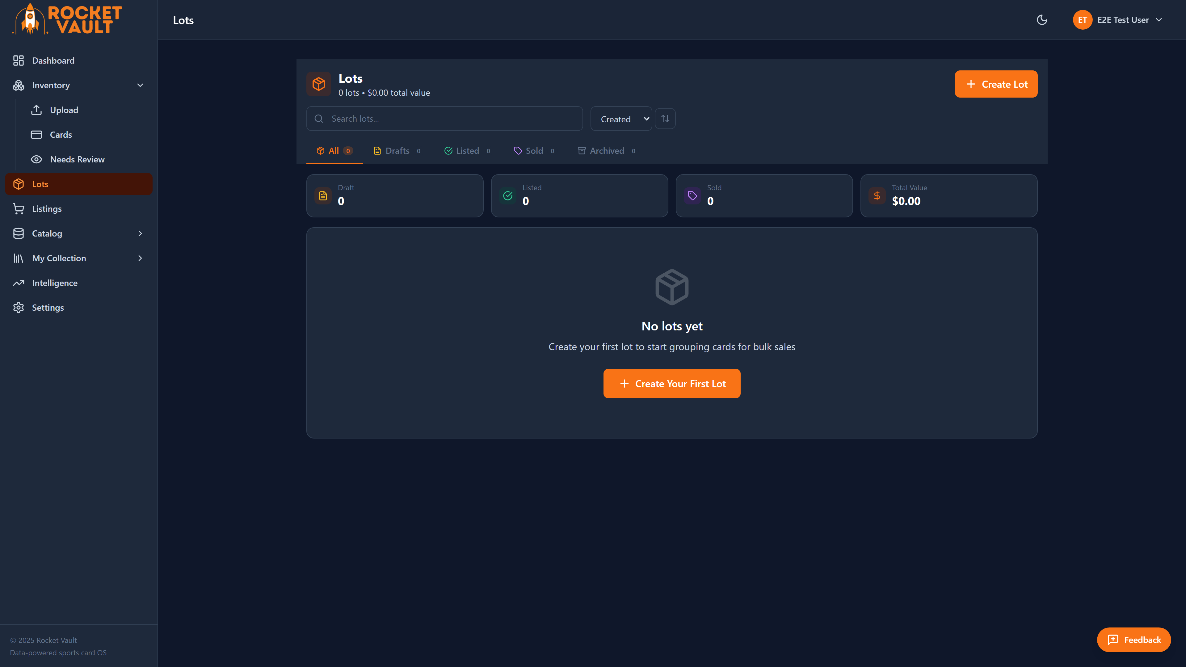 Lots page showing lot list with expanded lot details, card breakdown, and pricing