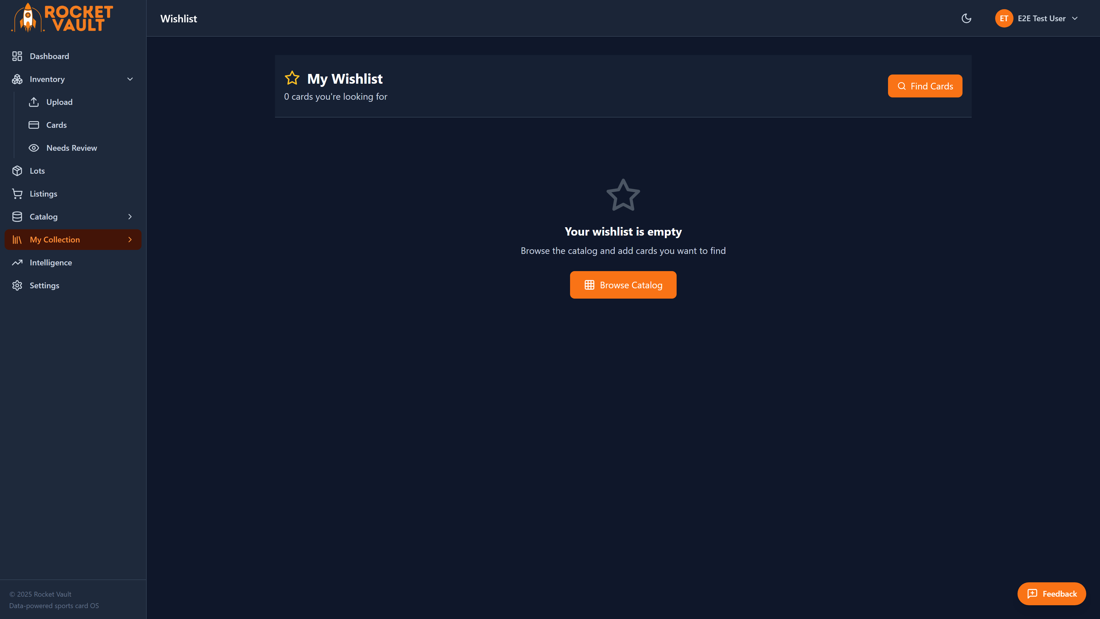Wishlist page with cards to acquire