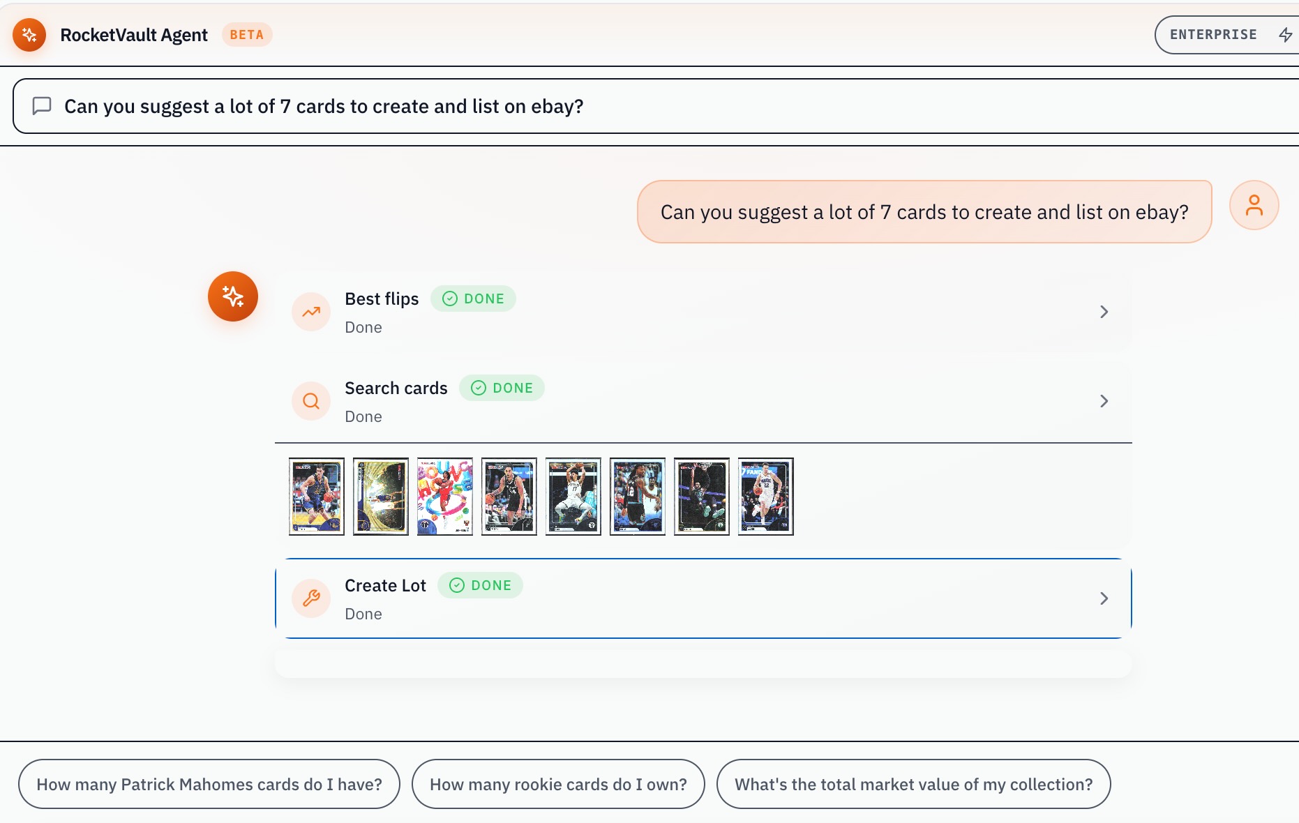 The agent turning “suggest a lot of 7 cards to create and list on eBay” into a finished lot — chaining Best flips, then Search cards, then Create Lot, each marked Done, with the eight chosen cards shown as thumbnails.