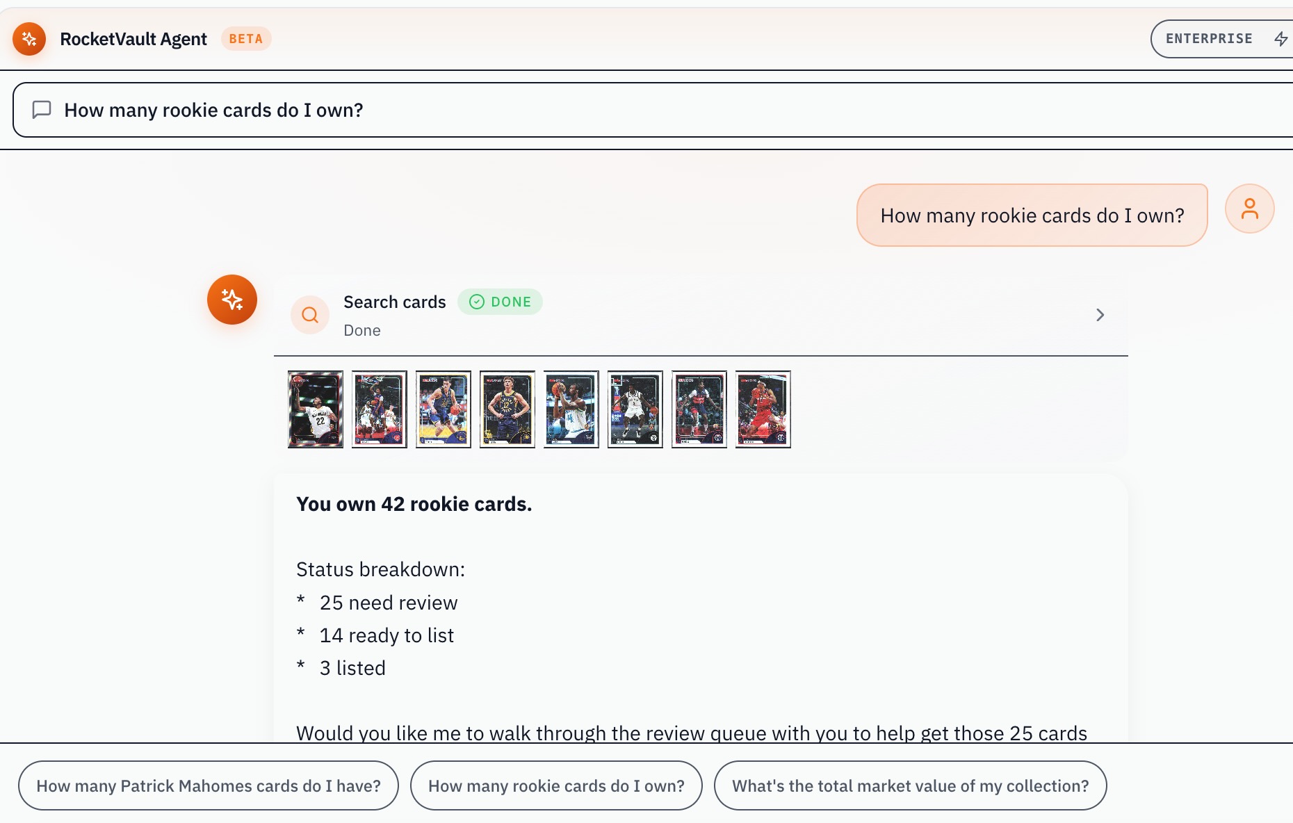 The agent answering “How many rookie cards do I own?” — 42 rookies shown with a card thumbnail strip, a status breakdown of 25 need review, 14 ready to list, 3 listed, and an offer to walk the review queue together.