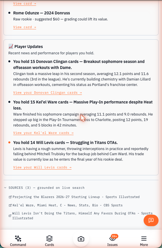 A briefing on mobile showing player news with View-your-cards links, and an expanded Sources dropdown citing Sports Illustrated and CBS Sports.