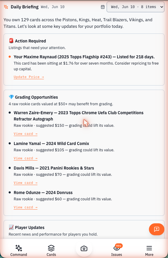 The RocketVault Daily Briefing on a phone — an Action Required card flagging a listing that's sat 218 days with a suggested reprice, and Grading Opportunities listing four raw rookies worth grading, each card a tap away.