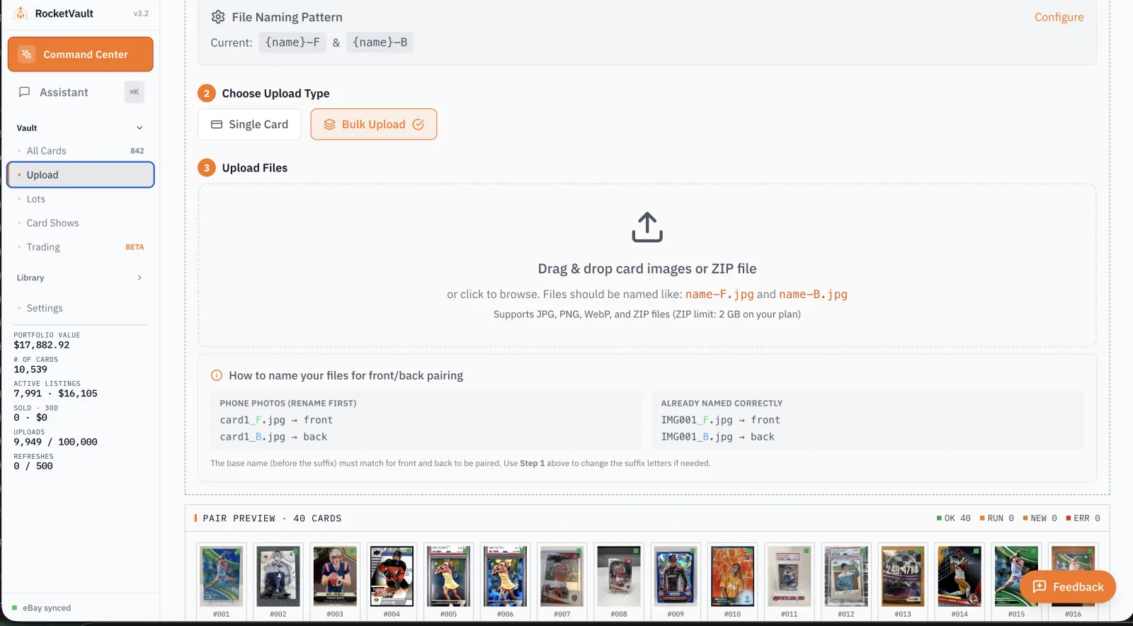 RocketVault card capture and bulk-ingest workflows for adding exact cards.