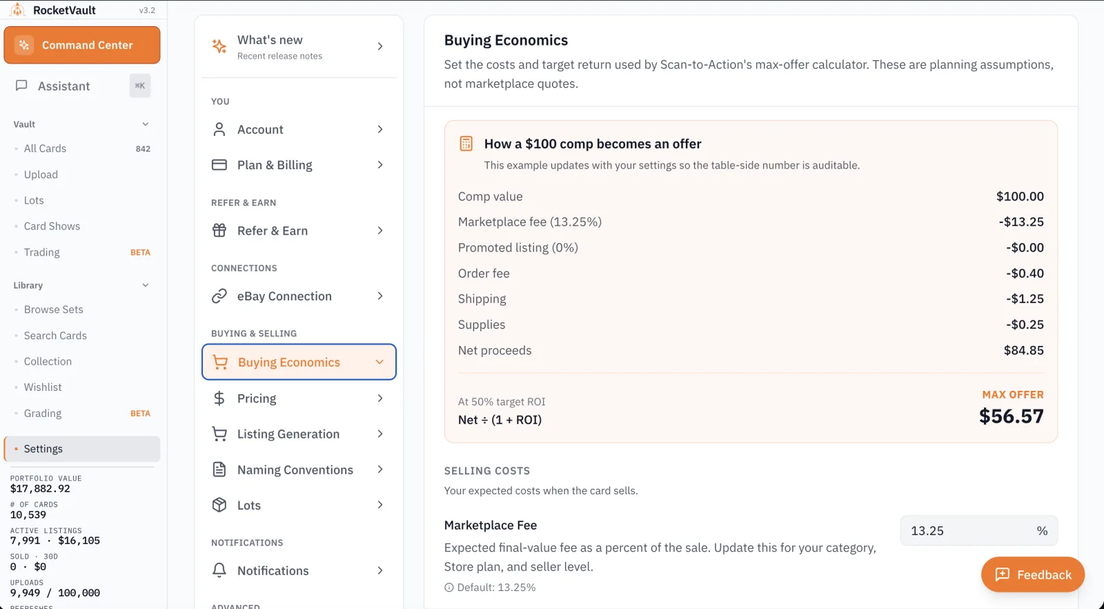 RocketVault Buying Economics calculating a maximum offer after costs and target return.