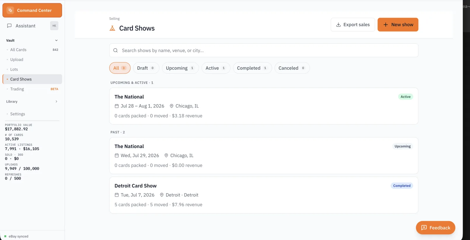 RocketVault Card Show Mode supporting in-person sales and show-floor operations.