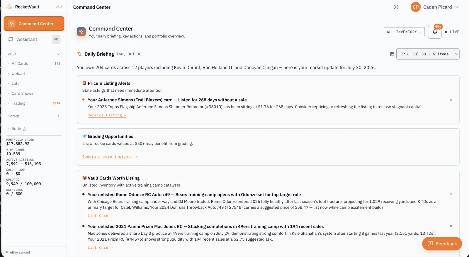 RocketVault Command Center prioritizing the portfolio actions that matter today.