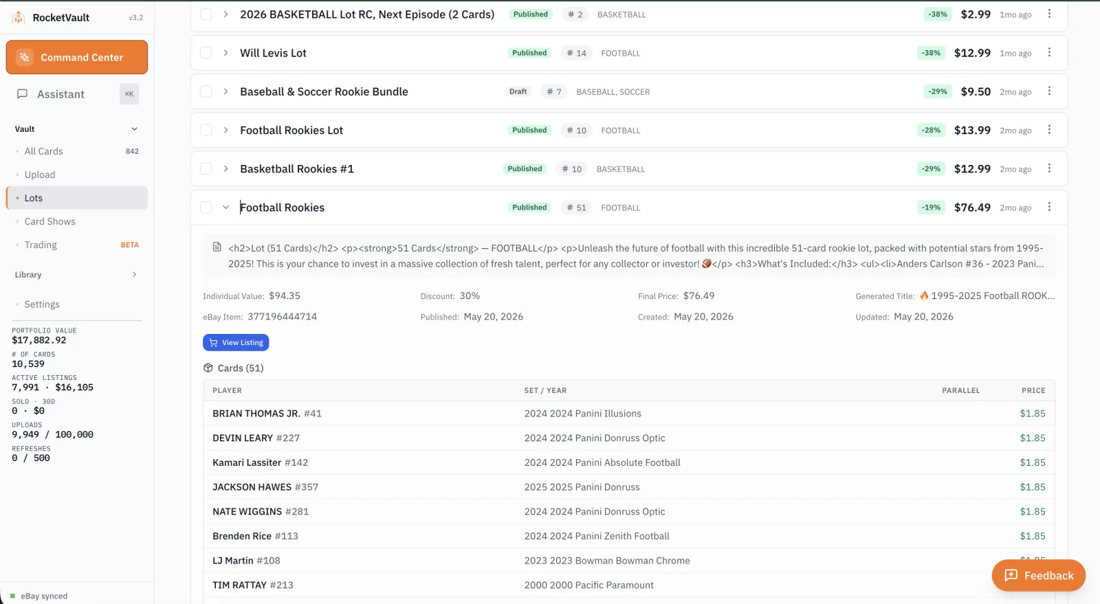RocketVault lot tools suggesting and building sellable card bundles.