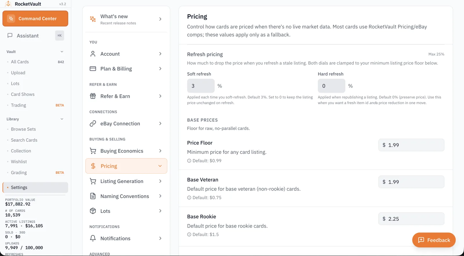 RocketVault pricing rules and active-listing controls for keeping inventory moving.