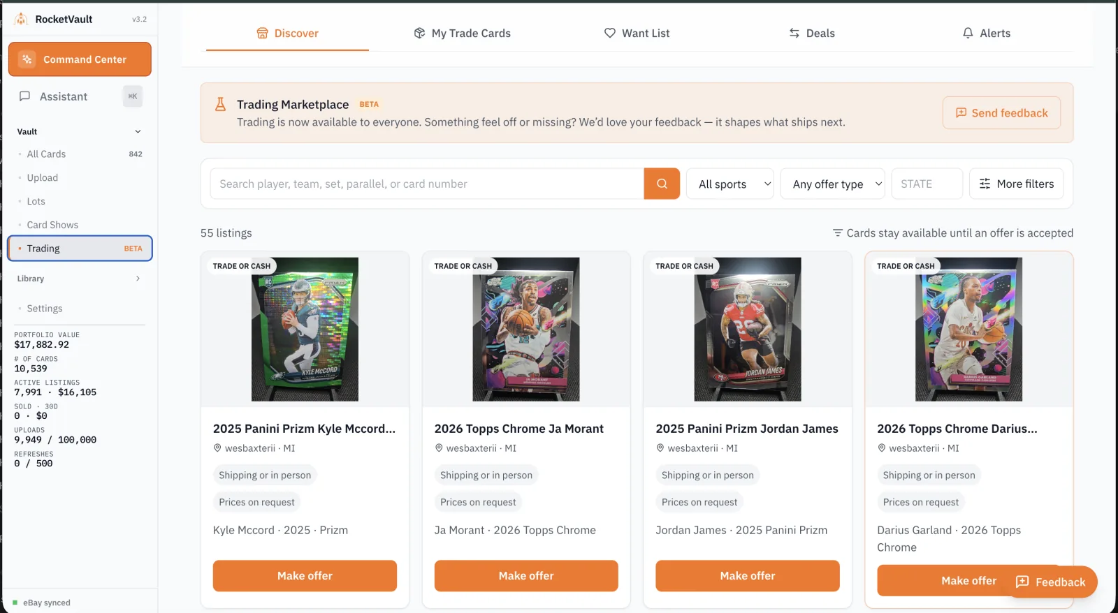 RocketVault Trading Marketplace showing exact cards and collection-aware opportunities.