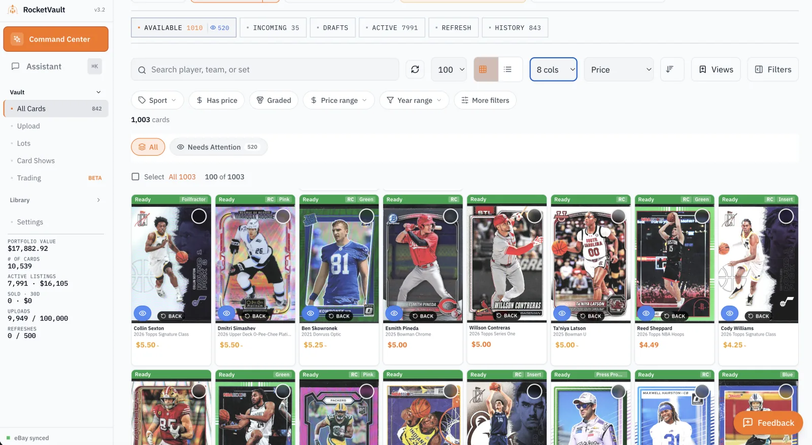 RocketVault Vault showing exact cards, prices, statuses, and inventory actions.