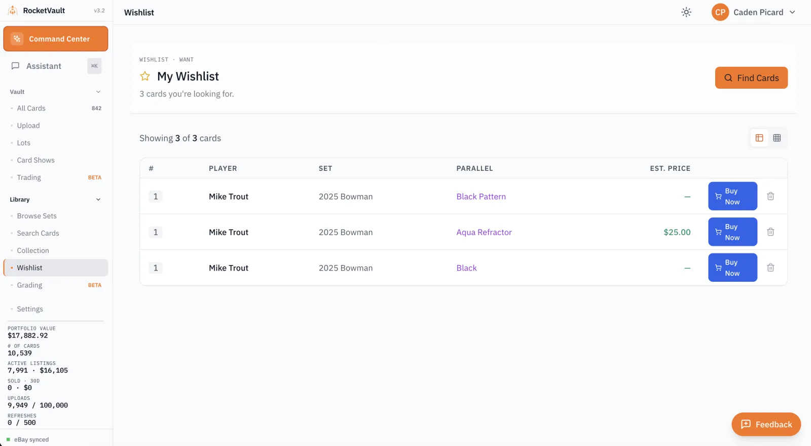 RocketVault collection and wishlist tools for tracking exact cards.