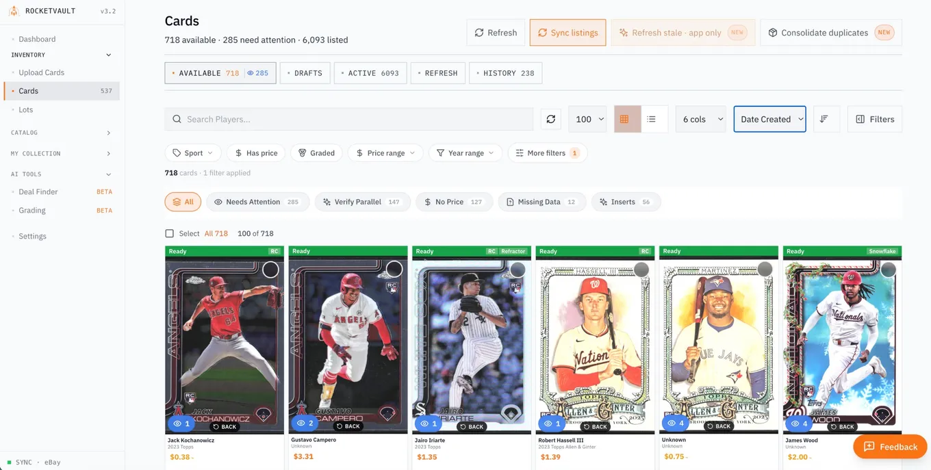 The RocketVault Cards page — a grid of real sports cards, each AI-identified and priced with a Ready status chip, above search, filters, and bulk actions.