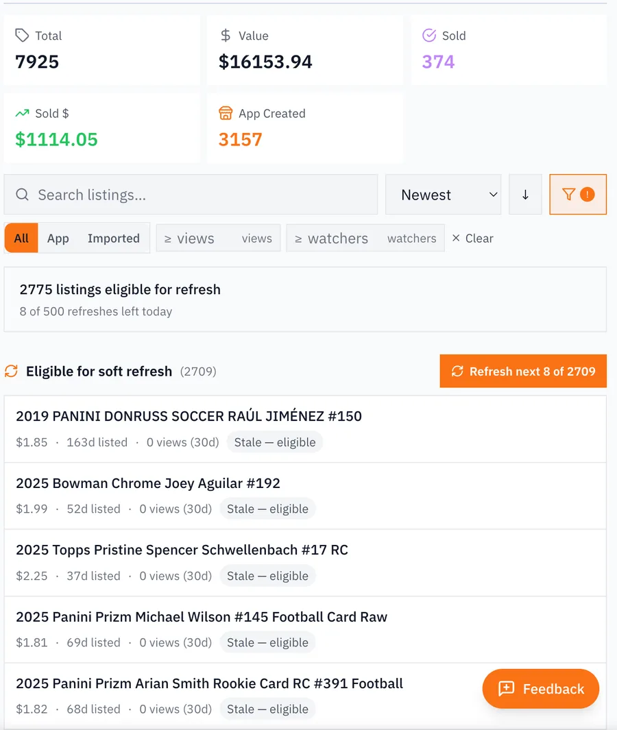 RocketVault's stale-listing refresh on a phone — thousands of aging listings flagged eligible for a bulk refresh.