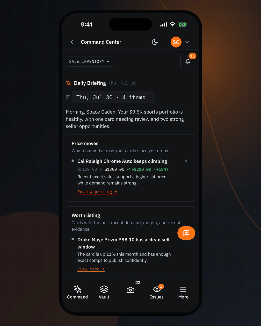 RocketVault's seller Command Center in dark mode for the simulated Space Caden sports-card portfolio.