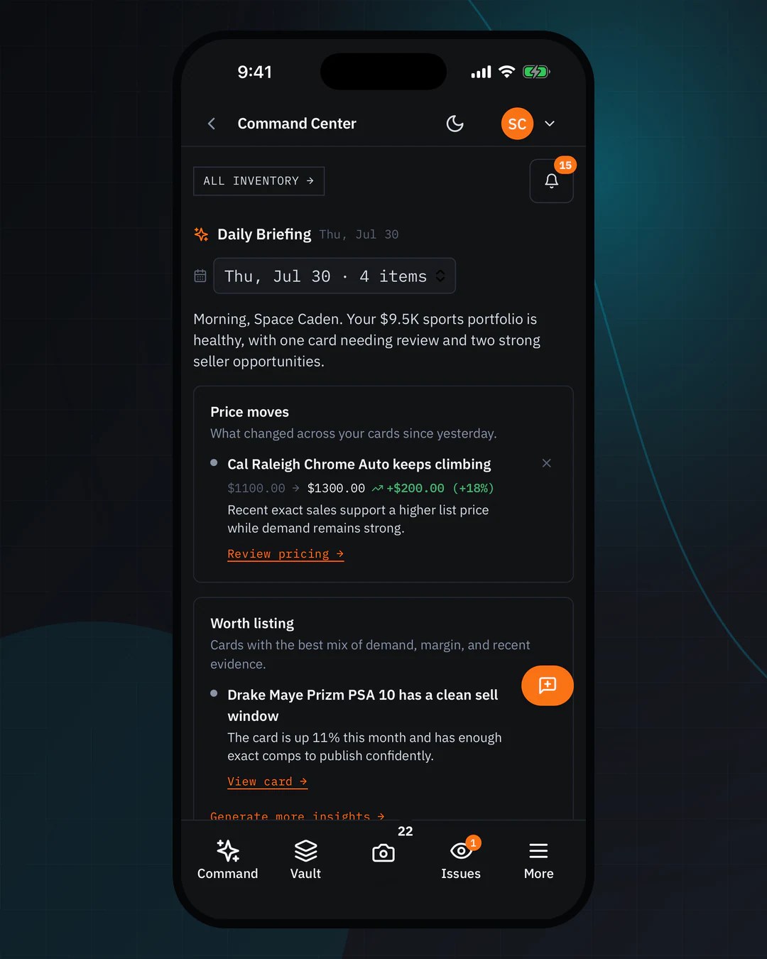 RocketVault's mobile-web trading marketplace in an iPhone viewport, populated with an exact 2004 Panini Megacracks Lionel Messi rookie card.