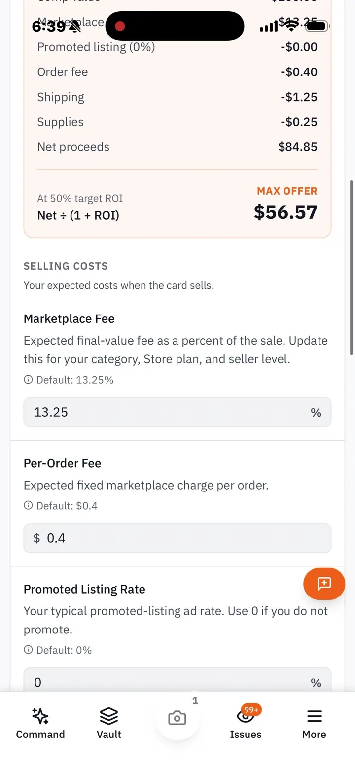 RocketVault mobile recording of Buying Economics showing net proceeds, a maximum offer, marketplace fees, shipping, and supplies.