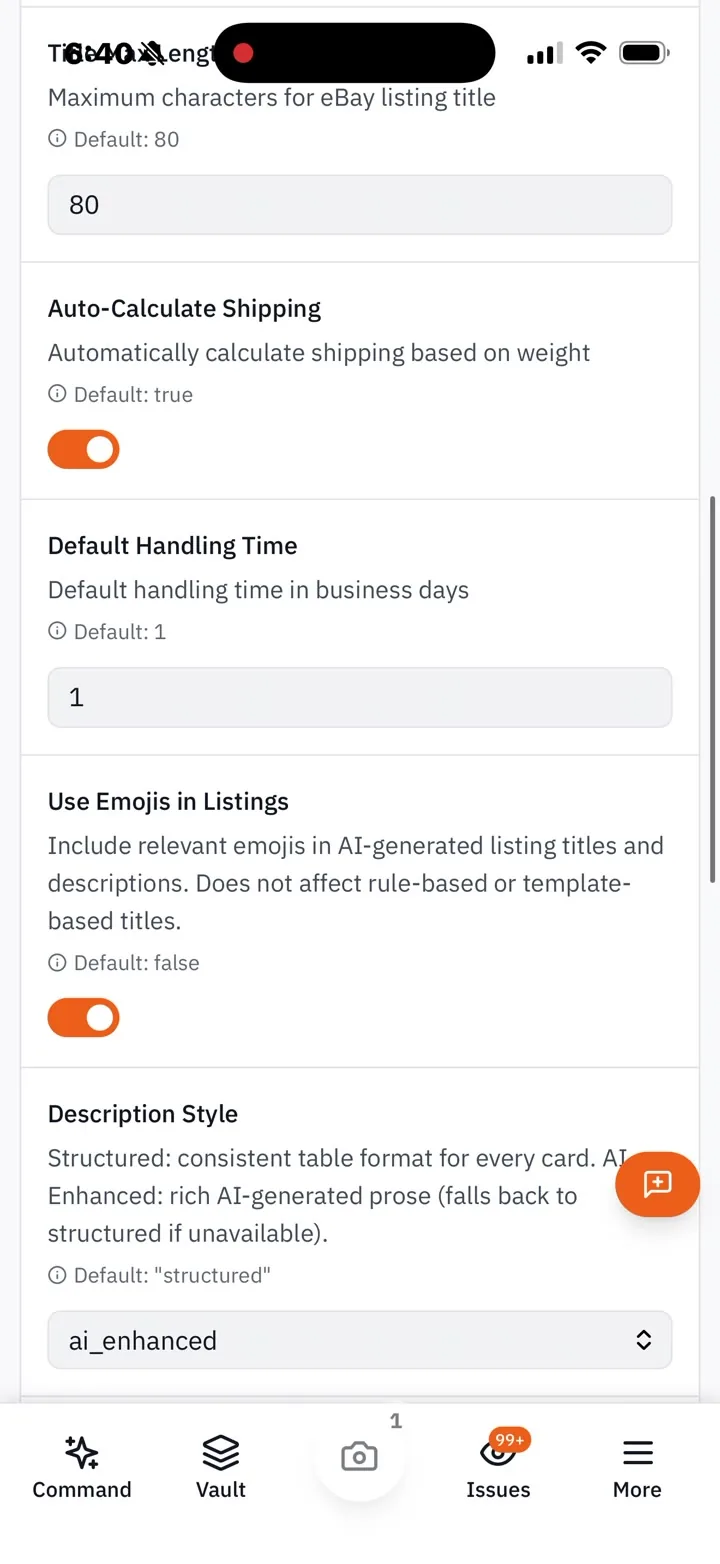 RocketVault mobile recording of eBay listing settings for duration, title length, shipping, handling time, and description style.