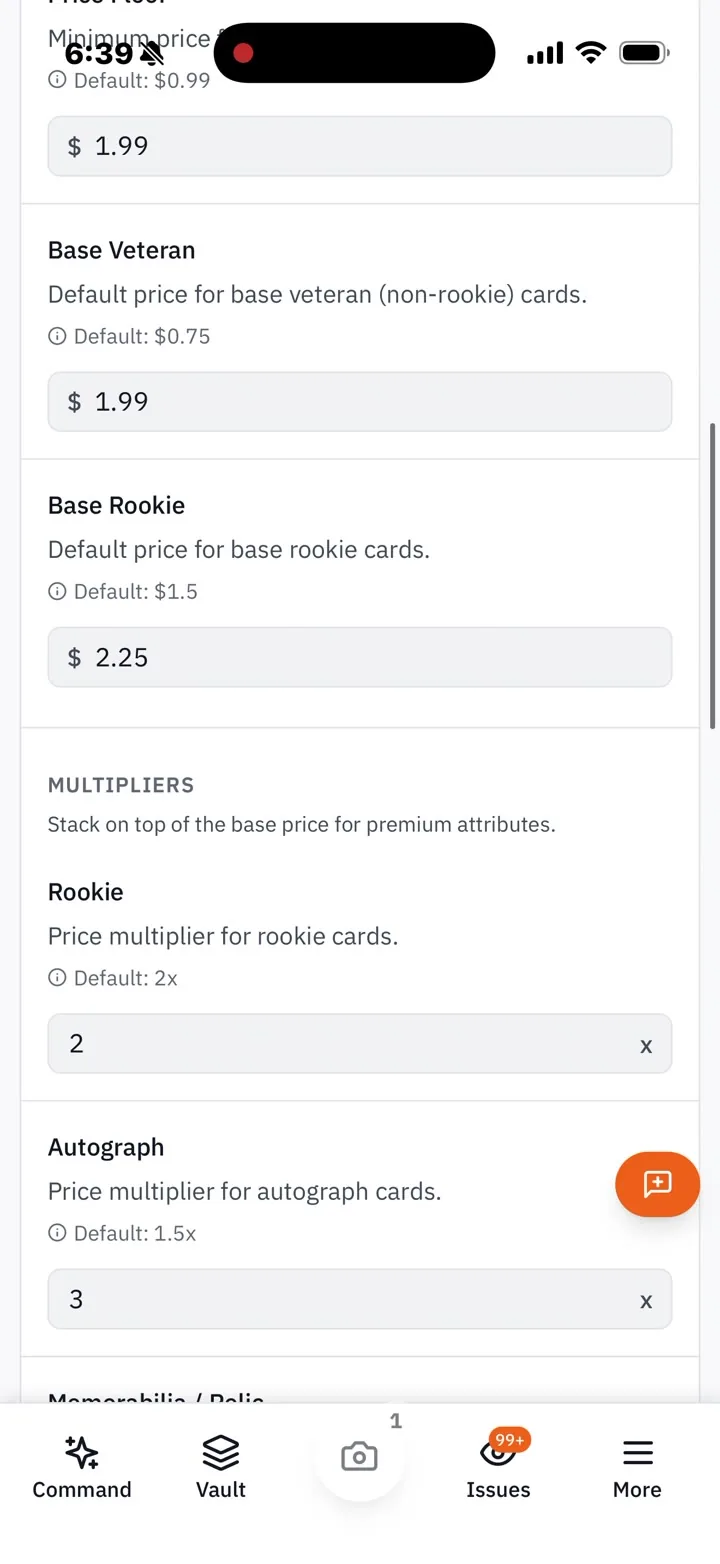 RocketVault mobile recording of pricing rules for minimum prices and multipliers for rookie and autograph cards.