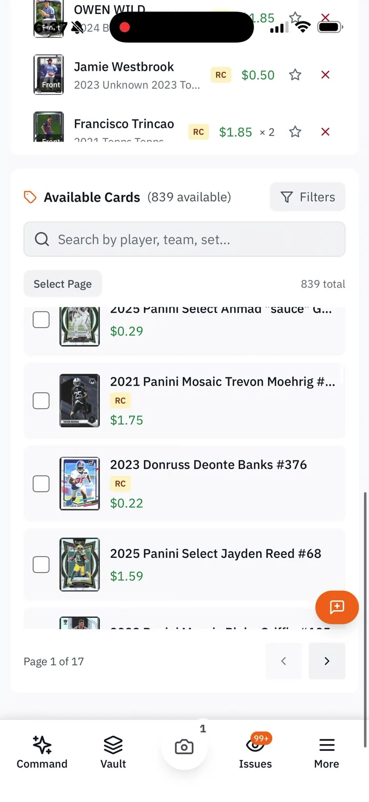 RocketVault mobile recording of selecting available cards for a Card Show pack list.