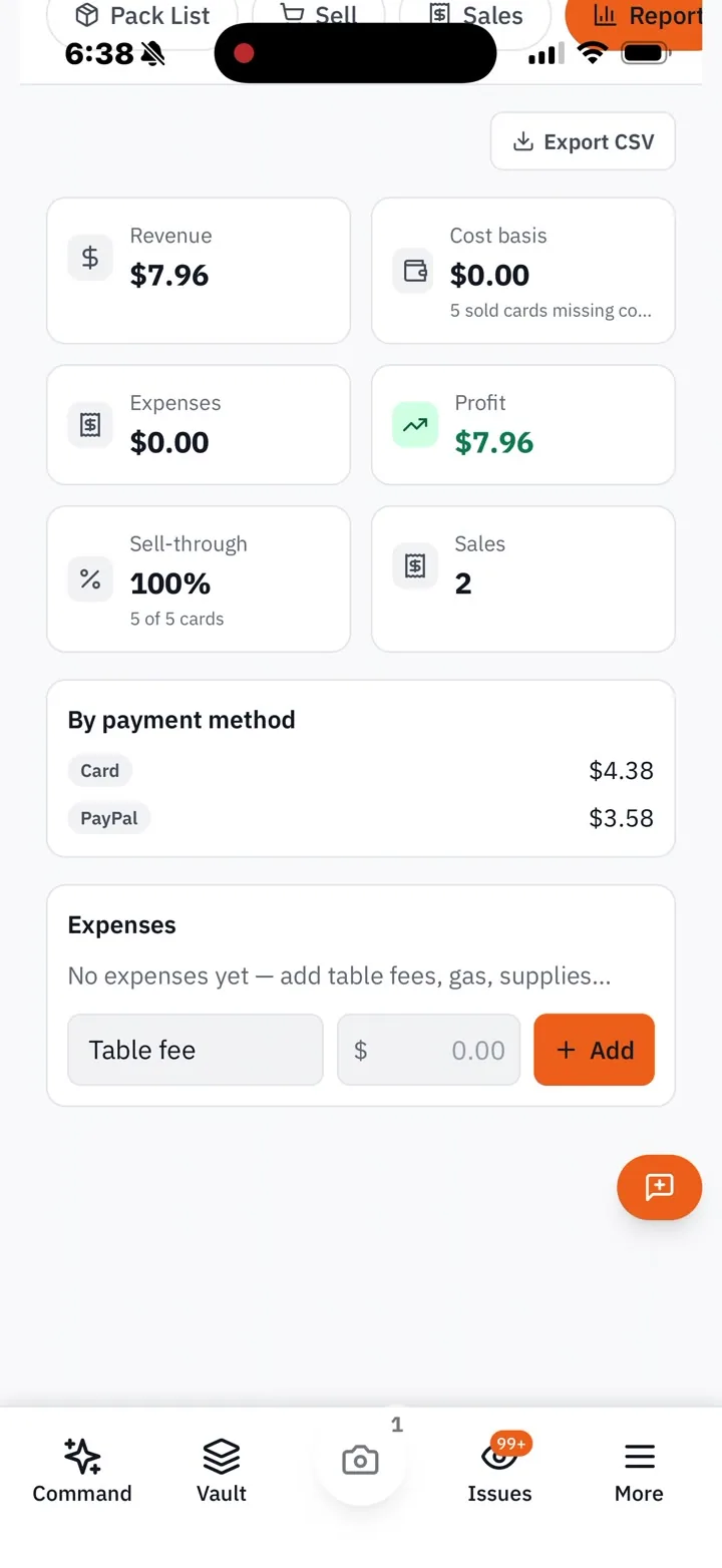 RocketVault mobile recording of a Card Show report with revenue, expenses, profit, sell-through, and payment methods.